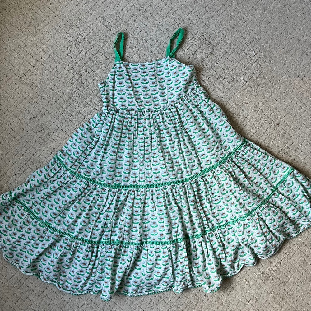 Mini Boden Girls Boho Tiered Summer Dress Green Floral Print Spaghetti Strap 6